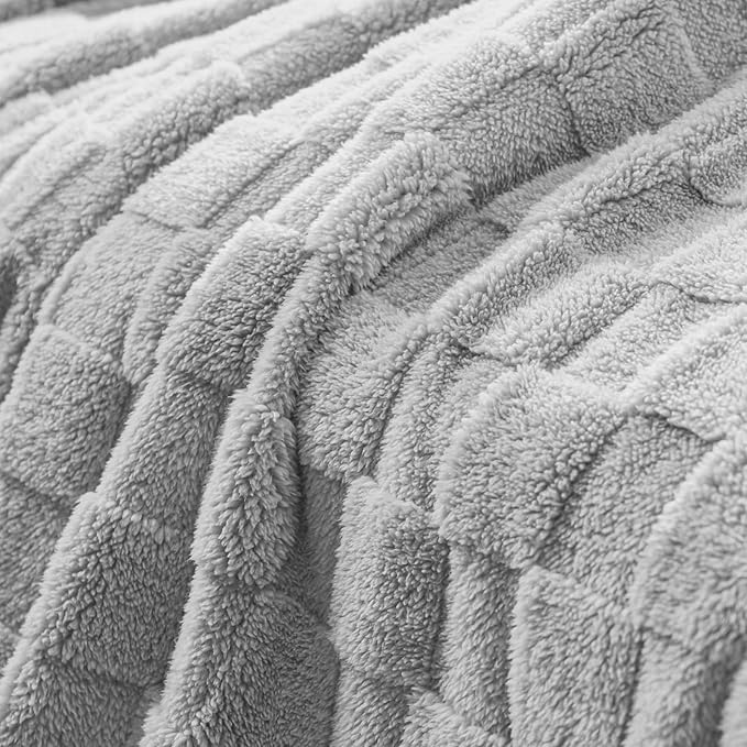 Exclusivo Mezcla Queen Size Flannel Fleece Blanket, Super Soft and Warm Lightweight Checkered Pattern Blankets for All Seasons, 90x90 Inches, Light Grey