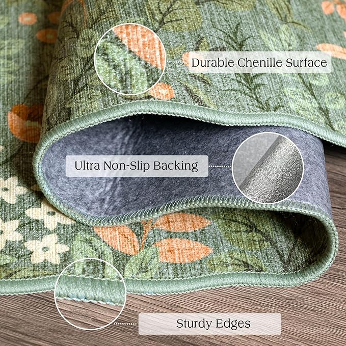 Floral Outdoor Rug - 28" x 43" Front Door Mat Indoor Outside Entrance Non-Slip Washable Outdoor Mat Sage Green Boho Flower Rug for Entryway Kitchen Bedroom Layered Doormat for Front Porch