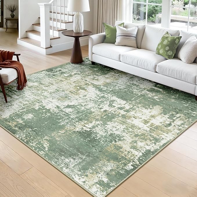 Washable Area Rugs Square 8ft Non-Slip Modern Abstract Soft for Living Room Entryway Bedroom Nursery, Print Pattern, Light Green/Yellow