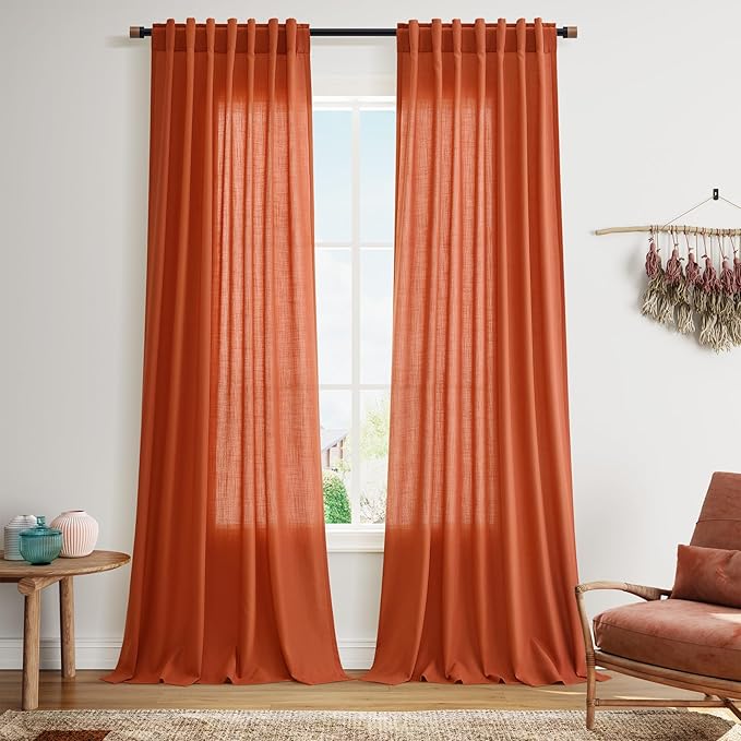 Nanspring Bright Orange Linen Blend Light Filtering Back Tab Curtains 96 Inches Long, Semi Sheer Privacy Drapes for Living Room & Bedroom, 52x96 inch, 2 Panels