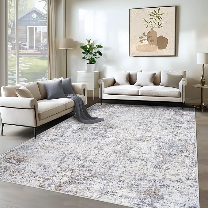 XLUEZ 6x9 Area Rugs for Living Room, Washable Modern Abstract Large Area Rug Neutral Soft Non Slip Kids Rug Stain Resistant Indoor Carpet for Bedroom Nursery Dining Room Playroom(Bluegrey, 6'x9')