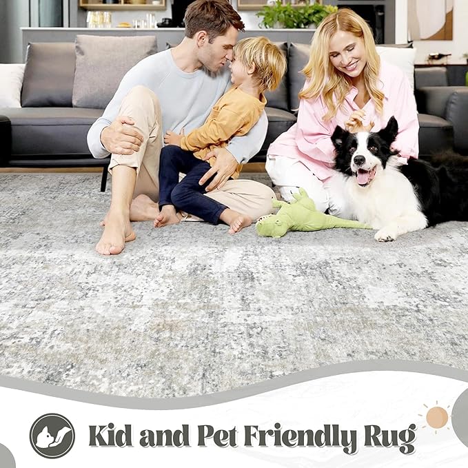 9x12 Area Rug for Living Room, Washable Modern Abstract Large Area Rug Neutral Soft Non Slip Kids Rug Stain Resistant Indoor Carpet for Bedroom Dining Room Playroom Office(BeigeGrey, 9'x12')