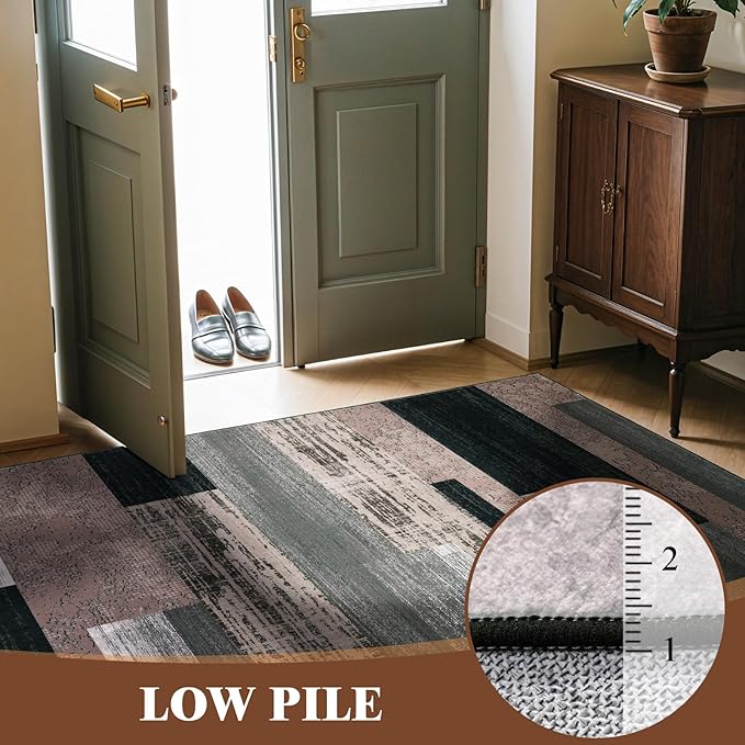 2x3 Washable Entryway Rug,Non-Slip Indoor Door Mat with Vintage Checkered Pattern, Stain & Water Resistant Faux Wool Low Pile for Front Door,Hall,Kitchen,Bathroom - Easy Clean(2x3,Chocolate)