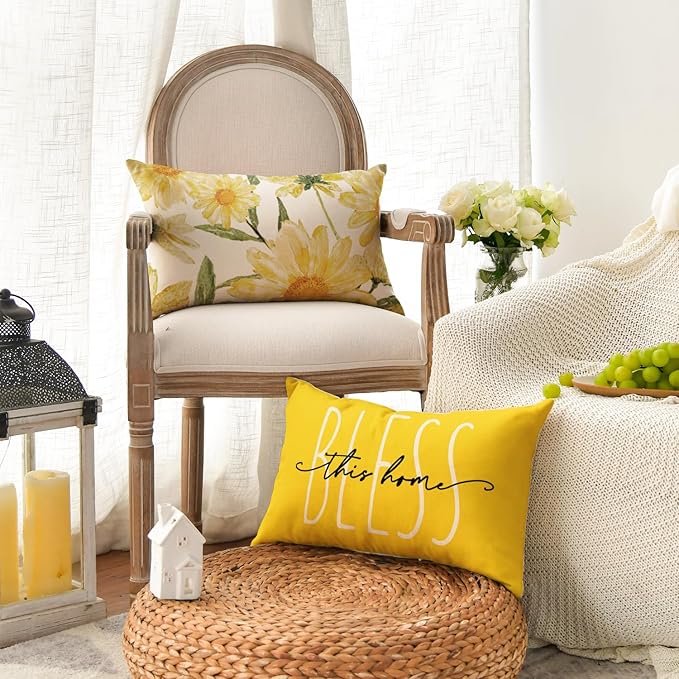 AVOIN colorlife Home Sweet Home Spring Summer Flowers Yellow Throw Pillow Covers, 12 x 20 Inch Cushion Case for Sofa Couch Set of 4