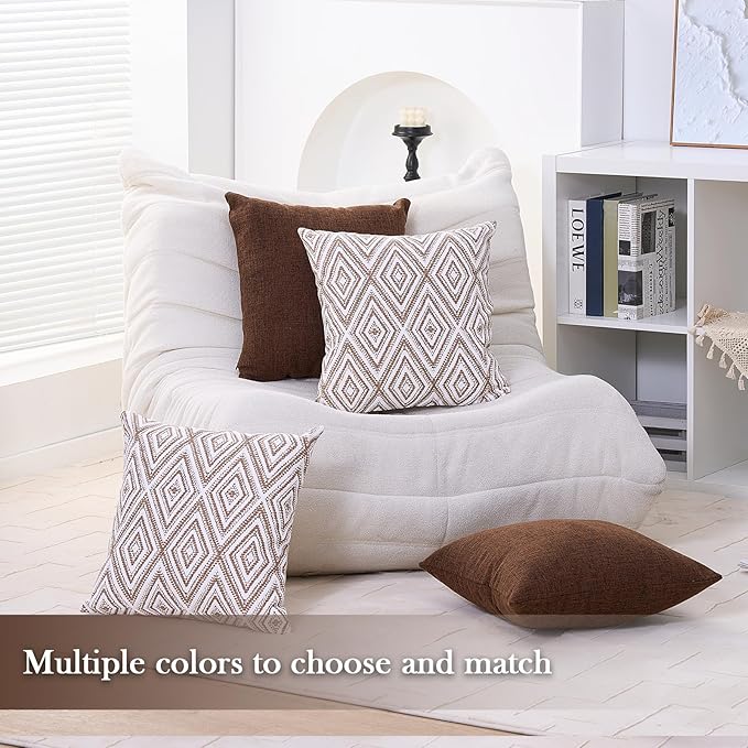 HPUK Decorative Throw Pillow Covers Set of 4 Geometric Design Linen Cushion Cover for Couch Sofa Living Room, 20"x20" inches, Chocolate