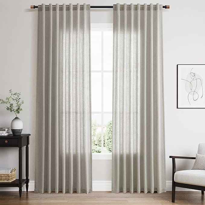Silver Grey Linen Back Tab Curtains 84 Inch Length for Bedroom Neutral Modern Farmhouse Window Privacy Semi Sheer Linen Drapes Rustic Pinch Pleated Look Curtain for Living Room 52x84,2 Panel