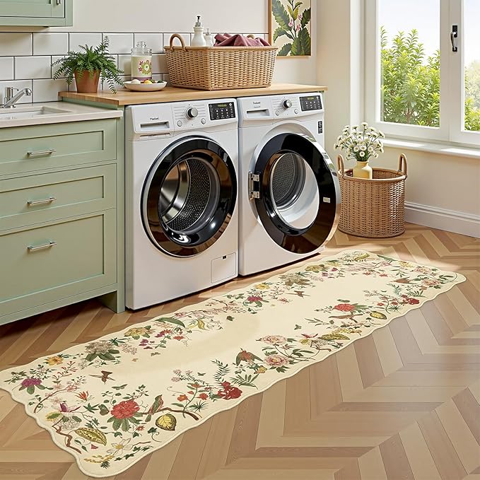 Rugflix 2x6 Runner Rug for Hallway, Washable Kitchen Runner Non Slip, Soft Low Pile Entryway Carpet, Vintage Floral Stain Resistant Long Laundry Room Rugs for Bedroom, Stairs