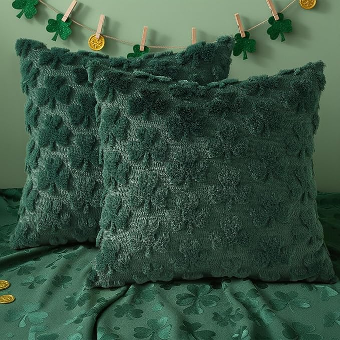 decorUhome St. Patrick’s Day Shamrock Green Pillow Covers 20x20 Inch Set of 2, Soft Plush Faux Wool Throw Pillow Covers, Farmhouse Spring Holiday Decor for Sofa Living Room