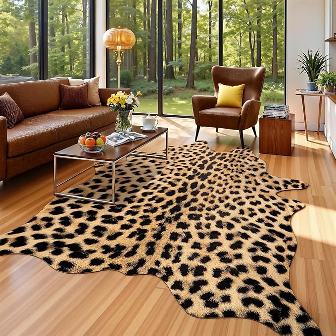 AROGAN Premium Leopard Print Rug 4.6x5.2 Feet, Machine Washable Faux Fur Cheetah Rug, Non-Slip Animal Print Hide Leopard Skin Area Rug for Bedroom Living Room Home Decor