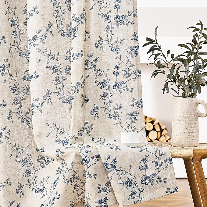 Lazzzy 90 Inch Length Curtain for Living Room Bedroom Blue Floral Drapes Linen Farmhouse Vintage Light Filtering Curtains Rod Pocket Back Tab, 2 Panels, Blue on Beige