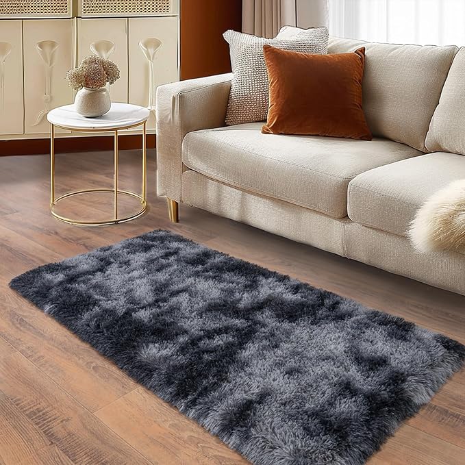 Ultra Soft Runner Rugs for Bedroom Hallways with Upgraded Non-Slip Rubber Backing & Thick Memory Sponge, 2x4 Feet Fluffy Shag Throw Area Rug for Bedside Dorm Tie-dye Dark Grey