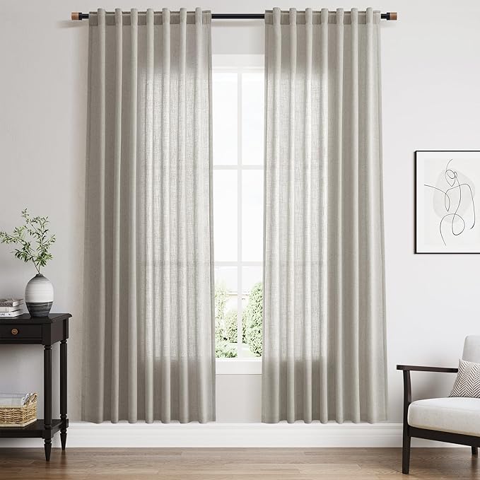 Silver Grey Linen Curtains 72 Inch Length for Living Room Back Tab Rod Pocket Light Filtering Semi Sheer Modern Farmhouse Coastal Decor Cotton Textured Gauze Curtain for Bedroom Office, 2 Panels