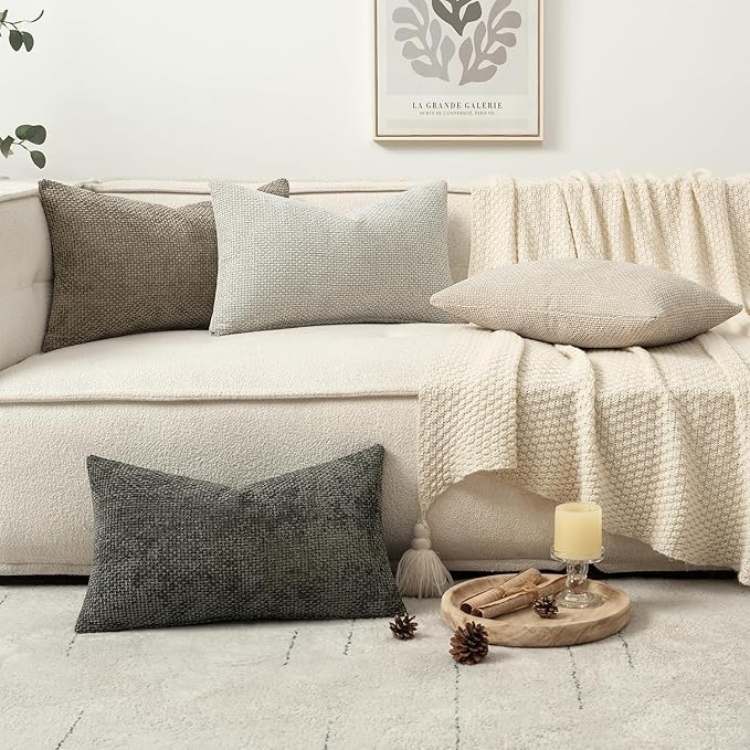 MIULEE Pack of 4 Couch Throw Pillow Covers 12x20 Inch Neutral Soft Decorative Chenille Pillow Covers Farmhouse Boho Accent Cushion Covers for Mid Century Modern Spring Decor Sofa Bedroom Living Room