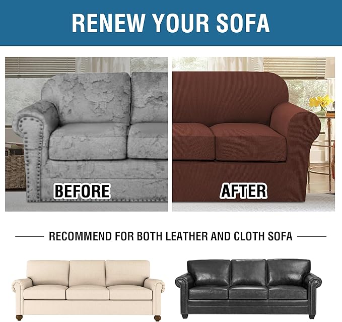 H.VERSAILTEX 4 Piece Stretch Sofa Covers for 3 Cushion Couch Covers Furniture Slipcovers for Living Room (1 Base Cover Plus 3 Seat Cushion Covers) Thicker Jacquard Fabric Cover (XL Sofa, Burnt Brick)