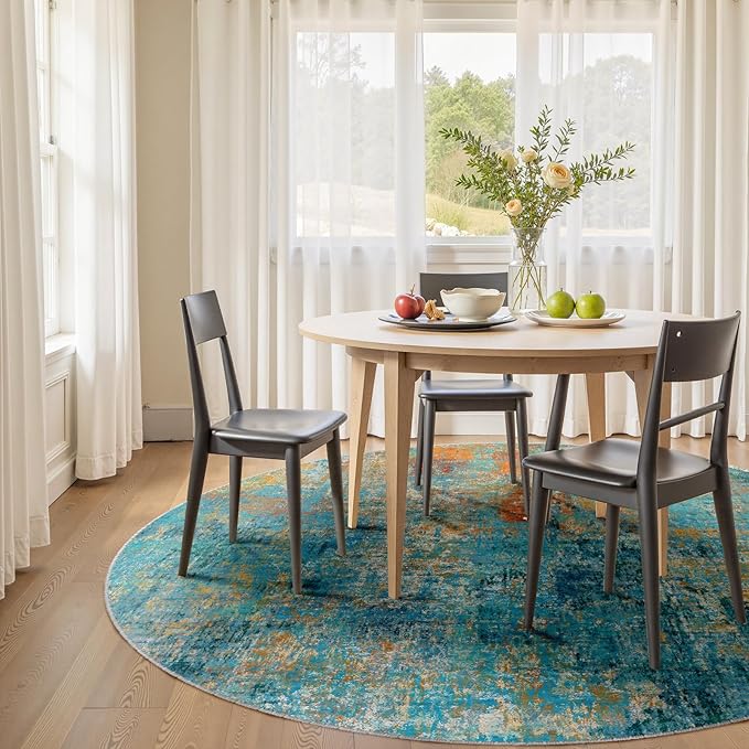 Washable Area Rugs 8ft Non-Slip Modern Abstract Soft for Living Room Entryway Bedroom Nursery, Print Pattern, Teal Blue Green Orange Rust Red Coloreful