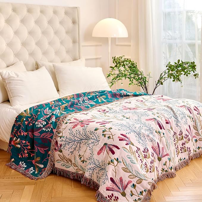 MSGKV Boho Throw Blanket for Couch 50"x60" Floral 100% Cotton Blanket Spring Breathable Lightweight Farmhouse Flower Blankets for Sofa Home Decor Muslin All Seasons