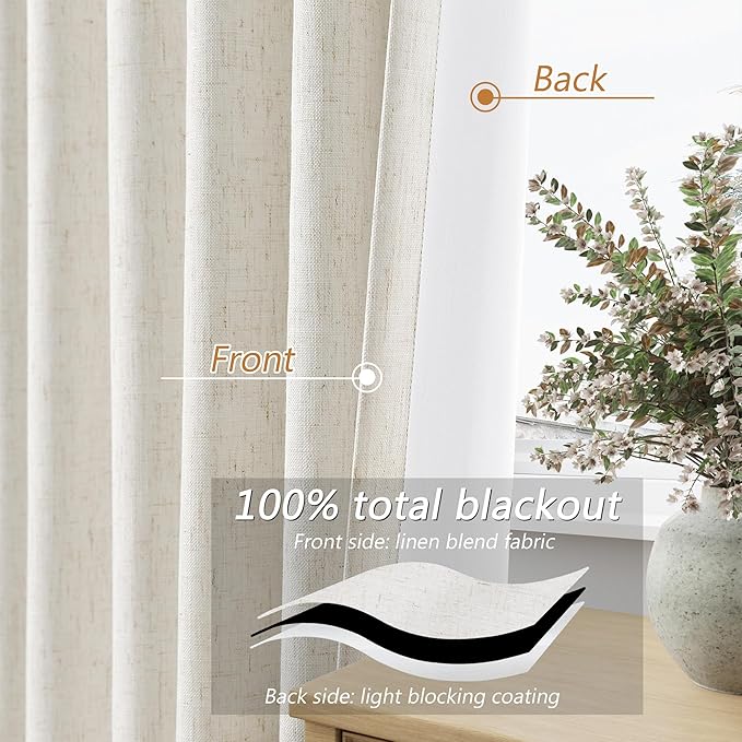 Beige White 100% Blackout Linen Curtains 84 Inch Length 2 Panels Set for Living Room Bedroom Back Tab Thermal Insulated Black Out Drapes Room Darkening Farmhouse Style for Bedroom Window Curtains