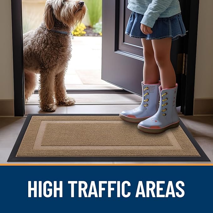 OLANLY Front Door Mat Indoor Outdoor Entrance, Waterproof All-Season, All-Weather Doormat, Sturdy Natural Rubber, Fade Resistant, Low Profile, Easy Clean Patio Porch Entryway Mat, 71x23, Light Borwn