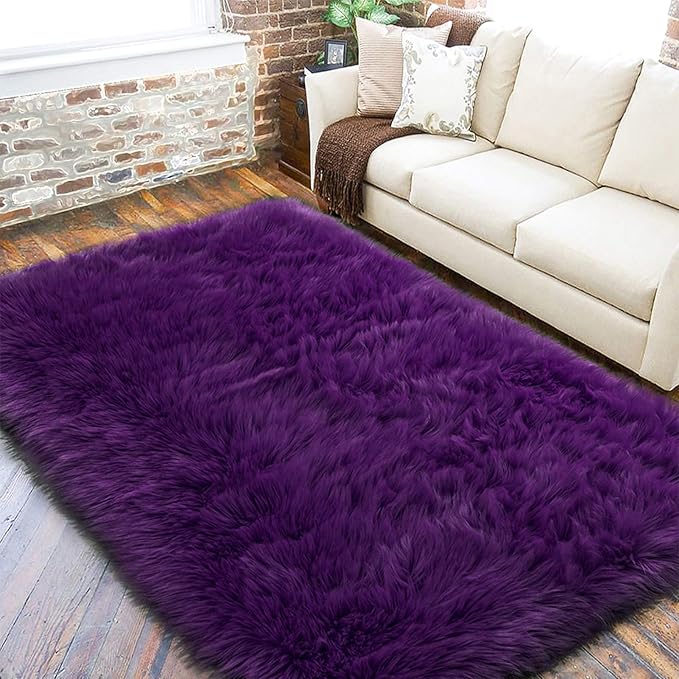 LOCHAS Soft Fluffy Faux Fur Rugs for Bedroom Bedside Rug 4x6, Washable Furry Area Rug Carpet for Living Room Dorm Floor, Durable Faux Throw Carpets, Purple