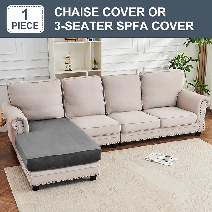 Couch Cover Velvet Chaise Cushion Cover for Sectional Sofas - Elastic L-Shaped Sofa Seat Covers Washable, Slipcover Protector (1-Piece, Grey)