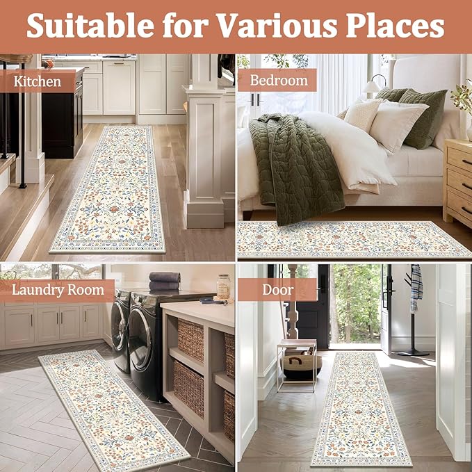 Yamaziot Washable Runner Rug 2x8 – Boho Non Slip Floral Hallway Runner Rug with Rubber Backing, Low Pile Distressed Carpet for Kitchen, Laundry, Bedroom, Entrance, Colorful Beige