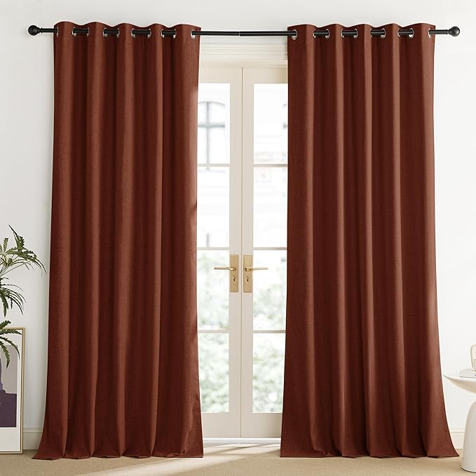 NICETOWN 100% Absolutely Blackout Linen Curtains with Thermal Insulated Liner, 62" Wide, 2 Panels, 120" Long Drapes, Grommet Retro Burnt Orange Linen Curtains Vertical Drapes Privacy for Bedroom