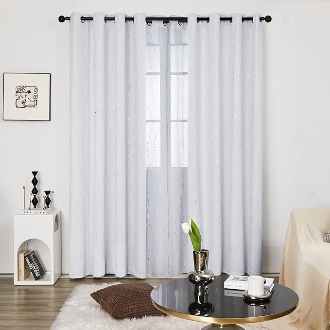 Deconovo Room Darkening Curtains for Living Room, Thermal Insulated Noise‑Reducing Drapes, Wave Dots Foil Print, 52 x 84 Inch Length, 2 Panels, Machine‑Washable Privacy Window Curtain for Bedroom