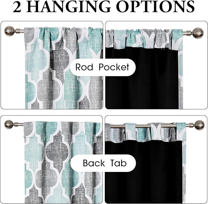 Beauoop 100% Blackout Curtains 63 Inches Long 2 Panels for Bedroom Living Room Aqua Grey Moroccan Geo Room Darkening Thermal Insulated Soundproof Rod Pocket Back Tab Window Treatments Drapes, 50x63