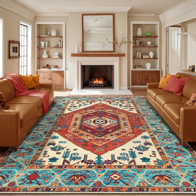 SERISSA Washable Rugs 9x12 Area Rugs, Large Non-Slip Boho Living Room Rug, Ultra Soft Vintage Orange Print Distressed Oriental Farmhouse Carpet for Dining Room Bedroom Dorm Office Home Decor