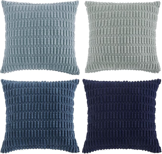 Fancy Homi Set of 4 Blue Decorative Throw Pillow Covers 18x18 Inch for Couch Bed Chair, Modern Farmhouse Boho Room Decor, Soft Fuzzy Corduroy Textured Striped Coastal Blue Cushion Case 45cm
