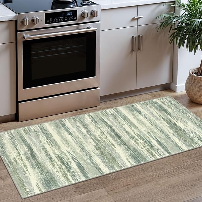 Lansny Modern Abstract Runner Rug 2x5, Sage Green Grey Washable Kitchen Runner Entryway Rug Mat Non-Slip Soft Hallway Rug Runner Thin Print Faux Wool Carpet for Bedroom Laundry Room Indoor