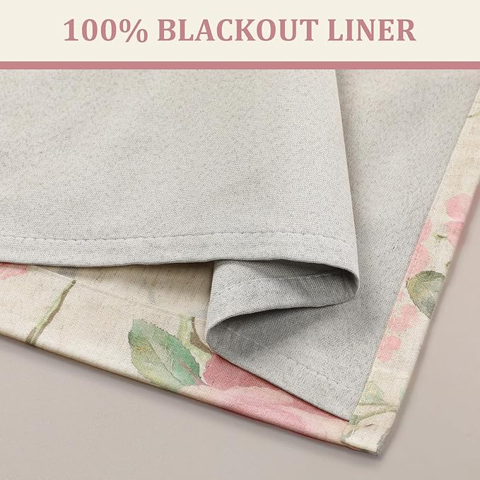 Vintage Floral Blackout Curtains 84 Inch, 2 Panels Spring Linen Texture Farmhouse Drapes for Living Room Bedroom Printed Flower Design Rod Pocket