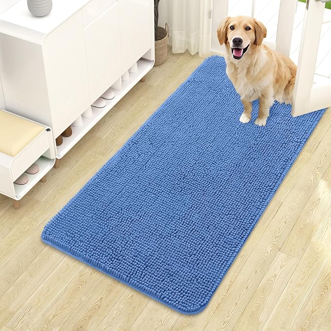 OLANLY Dog Door Mat for Muddy Paws 44x24, Absorbs Moisture and Dirt, Absorbent Non-Slip Washable Doormat, Quick Dry Chenille Mud Mat, Entry Indoor Entryway Carpet for Inside Floor, Cornflower Blue