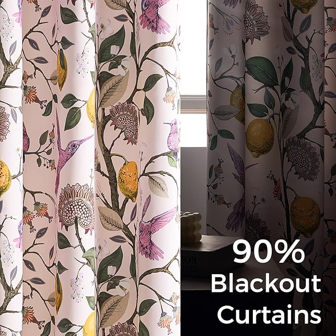 Topfinel Floral Curtains 84 Inch Length 2 Panels Set Pink Spring French Country Coquette Flower Hummingbird Blush Pink Blackout Curtains Preppy Nursery Girls Bedroom Aesthetic Living Dining Room