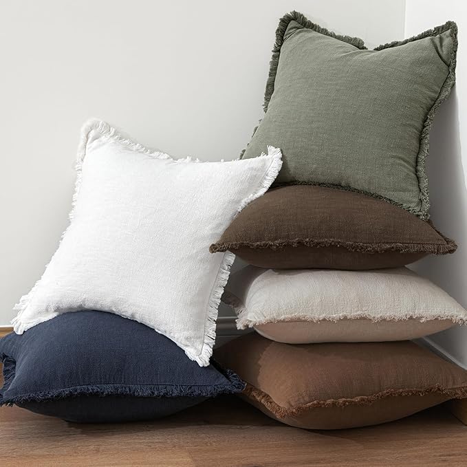 MIULEE Decorative Throw Pillow Covers Neutral Linen Fringe Throw Pillows Euro Shams Set of 2 Chocolate Brown Boho Farmhouse Cushion Covers for Couch Sofa Bed Living Room Spring Home Decor 26x26 Inch