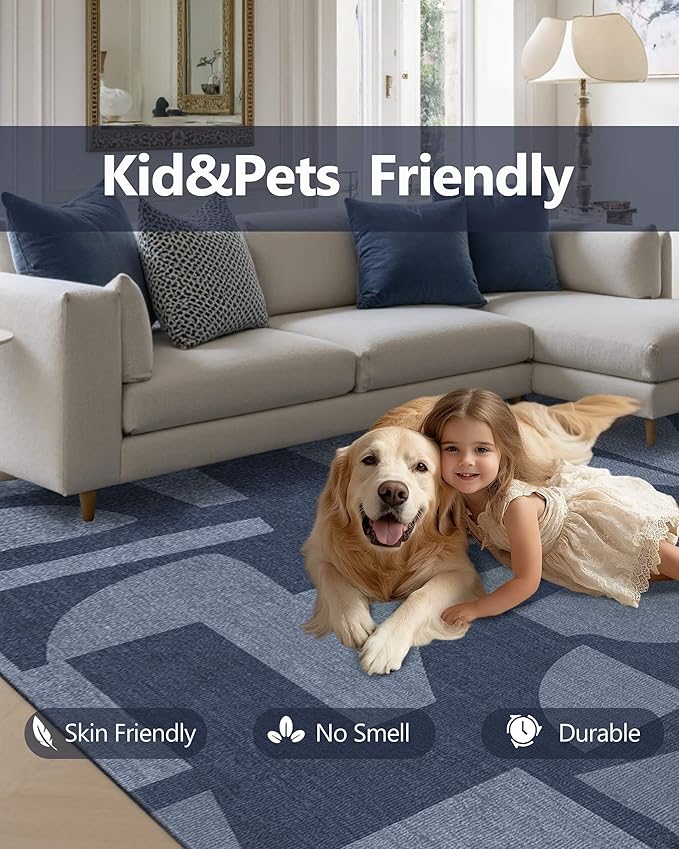 Latte&Fog 5x7 Area Rugs for Living Room Bedroom, Modern Abstract Washable Rug, Boho Non Slip Low Pile Carpet for Indoor Dining Room, Dorm, Classroom, College Dorm, Farmhouse and Kids Room - Navy Blue