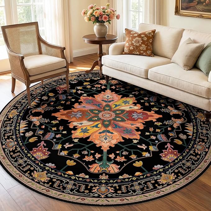 RELEANY Area Rugs 5ft Washable Non-Slip, Floral Vintage Distress Print Pattern Medallion Carpet for Living Room Bedroom Dining Room, Black Colorful Floral Dark Tan