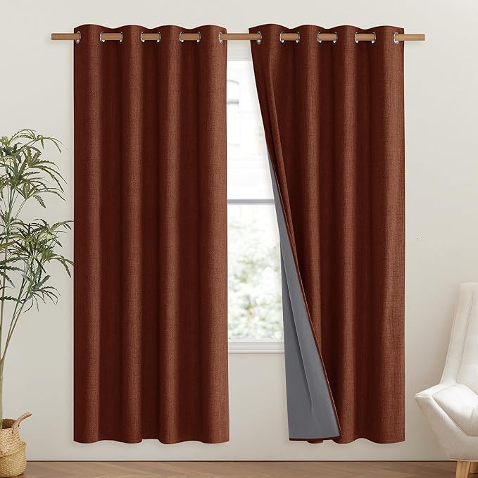 NICETOWN 100% Absolutely Blackout Linen Curtains with Thermal Insulated Liner, 52" Wide, 2 Panels, 72" Long Drapes, Grommet Retro Burnt Orange Linen Curtains Vertical Drapes Privacy for Bedroom