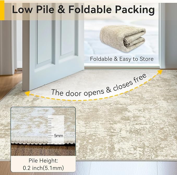 Washable Area Rugs 8'x10' Non-Slip Modern Abstract Soft for Living Room Entryway Bedroom Nursery, Print Pattern, Beige Cream Brown