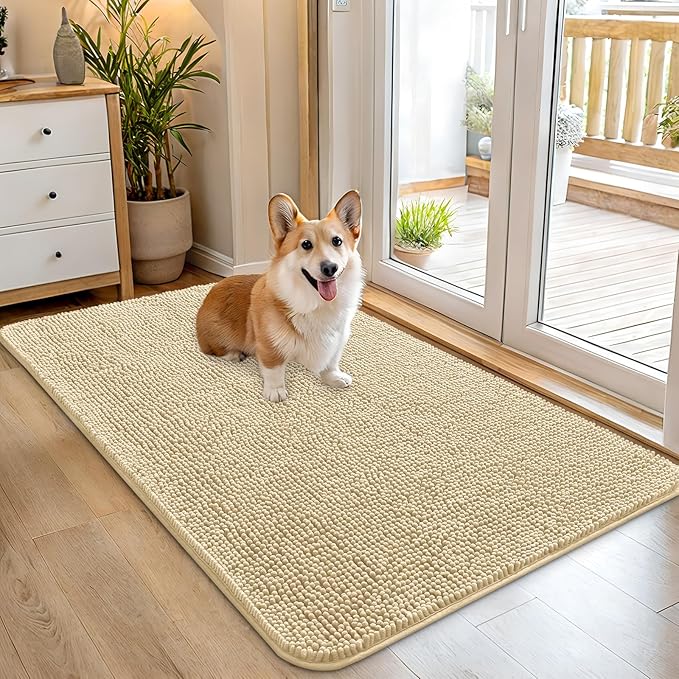 OLANLY Dog Door Mat for Muddy Paws 45x27, Absorbs Moisture and Dirt, Absorbent Non-Slip Washable Doormat, Quick Dry Chenille Mud Mat for Dogs, Entry Indoor Entryway Carpet for Inside Floor, Sand