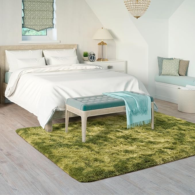 Goideal Fluffy Rug for Bedroom Living Room, 5x7 Green Area Rugs, Faux Fur Shag Modern Carpet Ultra Soft Girls Boys Room Home Decor, Tie-Dyed