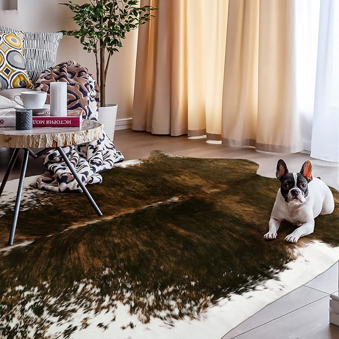 AROGAN Faux Cow Print Rug Large (4ft x 3ft) - Cow Print Area Rug with No-Slip Backing, Large Animal Skin Rugs for Living Room, Offfice, Room Decor, Saddle Brown