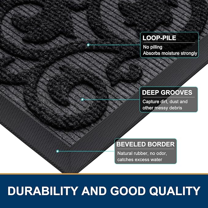 Smiry Welcome Door Mat Outside Entrance, Heavy Duty Trap Dirt and Moisture Easy Clean Low Profile Patio Porch Indoor Outdoor Front Doormat for Entry, 47x32 Inch, Black
