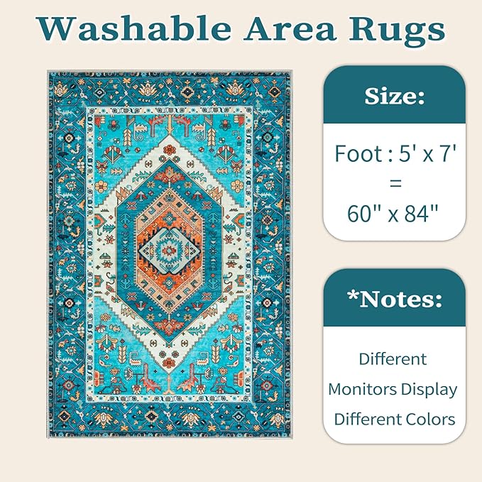 SERISSA Boho Area Rug 5x7 Blue, Washable Rugs for Living Room, Ultra Soft Non-Slip Bedroom Rug Print Distressed Vintage Tribal Farmhouse Carpet Rug for Dining Room Dorm Office Home Decor