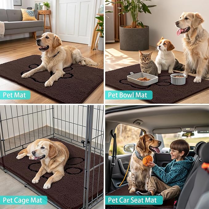 Smiry Dog Door Mat for Muddy Paws, Absorbent Dirt Trapper Non Slip Quick Dry Washable Chenille Mat for Mud Dogs, Entry Rug for Indoor and Outdoor (48x30 Inches, Brown and Black)