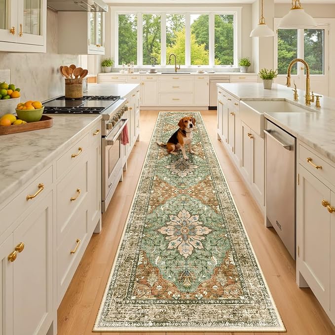 Area Rugs 3'x10' Runner Rug Non Slip Washable for Kitchen Hallway Bedroom Beside Laundry Room Bathroom Rug, Floor Carpet, Brick Red Rust Neutral Brown Burnt Orange Green