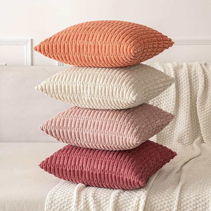 MIULEE Pack of 2 Corduroy Decorative Throw Pillow Covers 18x18 Inch Soft Boho Striped Pillow Covers Modern Farmhouse Home Decor for Sofa Living Room Couch Bed Cranberry Red