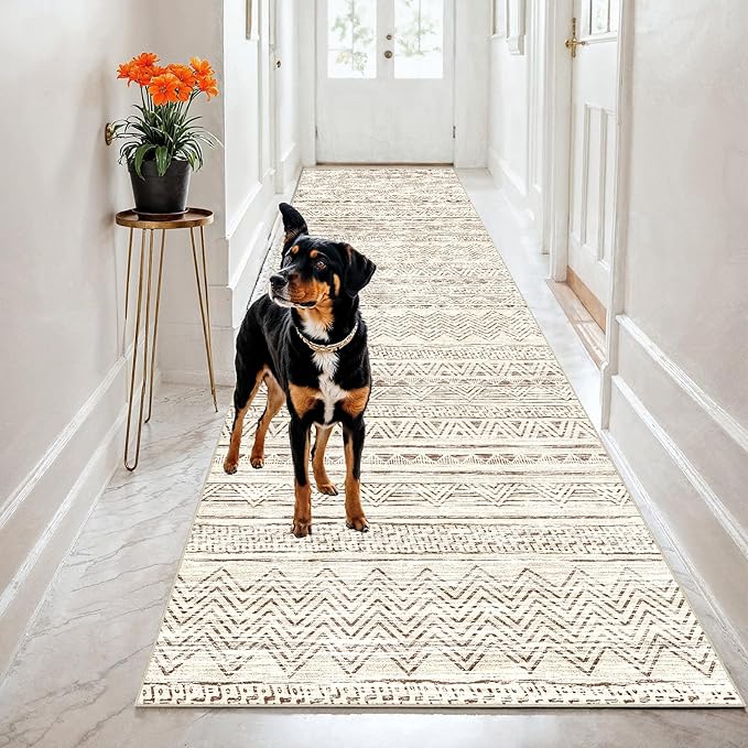 2x8 Washable Kitchen Runner Rug: Modern Moroccan Runners for Hallway Soft Non Slip Rugs with Rubber Backing Low Pile Thin Waterproof Floor Carpet for Entryway Bedroom Bathroom Indoor 2x8 Beige