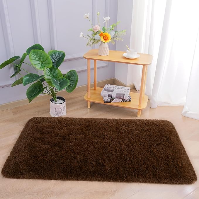 Chicrug Soft Runner Rug for Bedroom Living Room Plush Fluffy Rugs 2x4 Feet, Shag Furry Runner Carpet Non Shedding for Nursery Children Kids Girls Room Home Decorative, Coffee