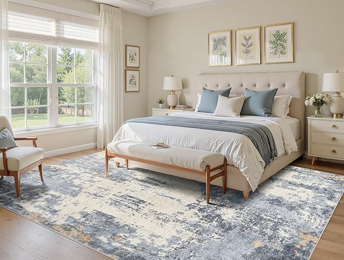UERMEI 5x7 Area Rug Living Room Rugs - Washable Neutral Modern Abstract Soft Thin Rug Indoor Floor No Slip Rug Carpet for Bedroom Under Dining Table Home Office Decor - Blue/Light Brown
